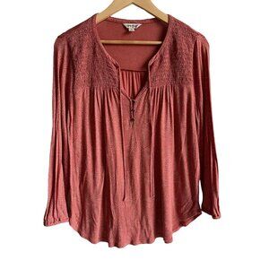 Lucky Brand Dusty Orange Size Medium Tassel Peasant Boho Top 3/4 Sleeves